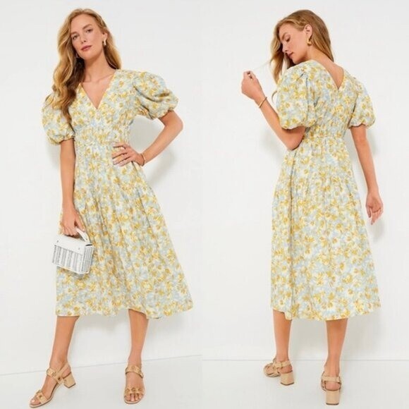 Hyacinth House NEW Blue and Orange Floral Puff Sleeve Pauline Midi Dress XXS